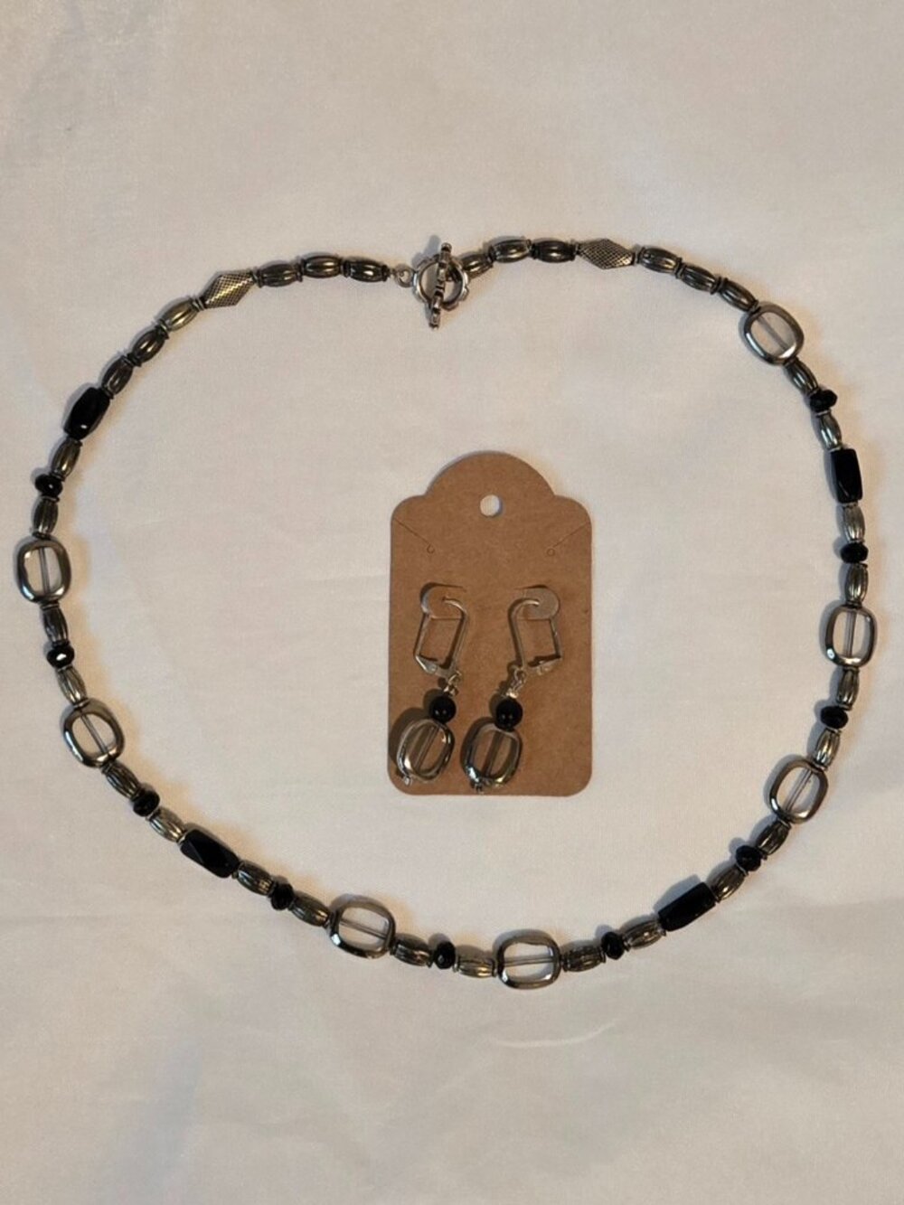 Black and silver tone bead handmade necklace and earrings